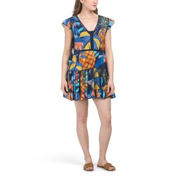Anthropologie Z&L Tiered Mini Dress Size Blue Lace Floral Beach Cover Up NEW - Picture 1 of 13